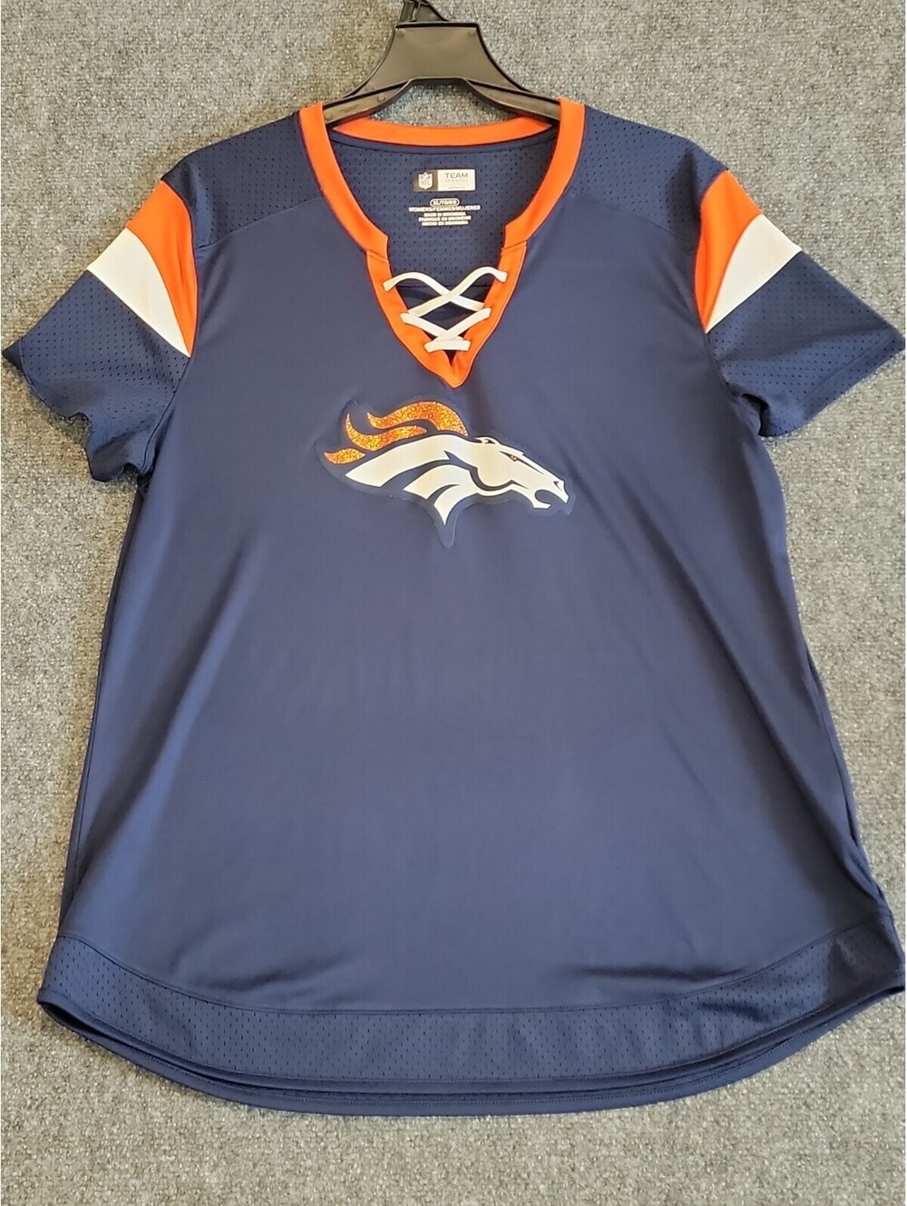 NFL Team Apparel Denver Broncos Lace Up Shirt Womens Size XL Blue Jersey Top 472